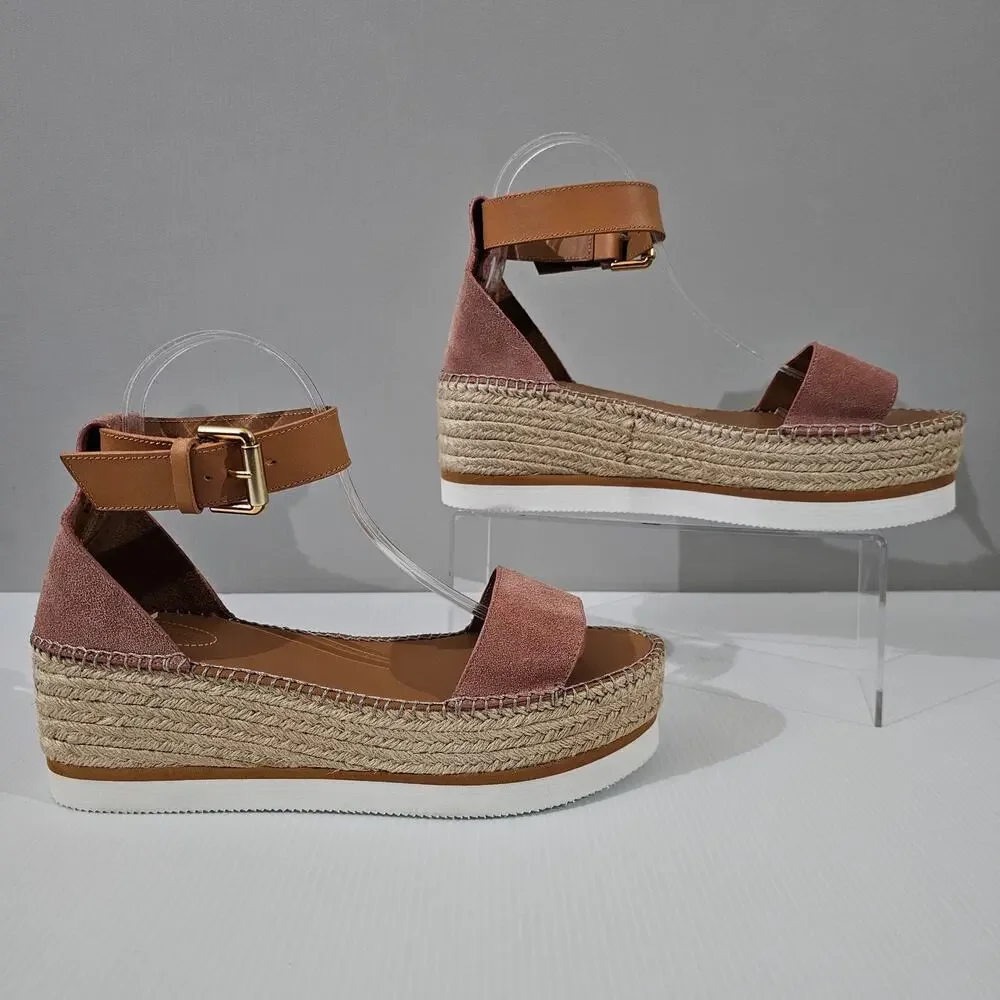 See By Chloe Glyn Platform Espadrille Sandal Womens EU 41 Pink Suede Wedge NEW